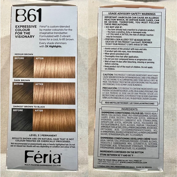 L Oreal Feria Permanent Hair Color B61 Downtown Brown Hi Lift 1 application NWT - Picture 4 of 13